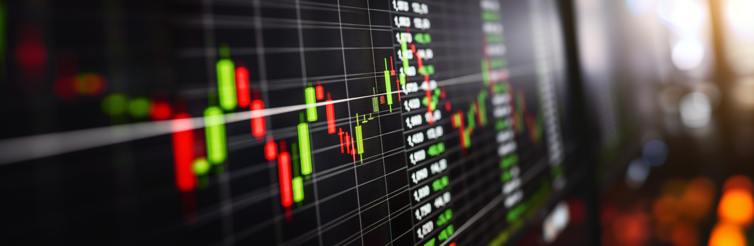 ZweiBildschirme sind von der Seite zu sehen. auf den Bildschirmen sin Kurse und ein Candel-Stick Chart zu sehen in rot und grün. Am Ende des Bildes ist ein Fenster durch das Sonne scheint.