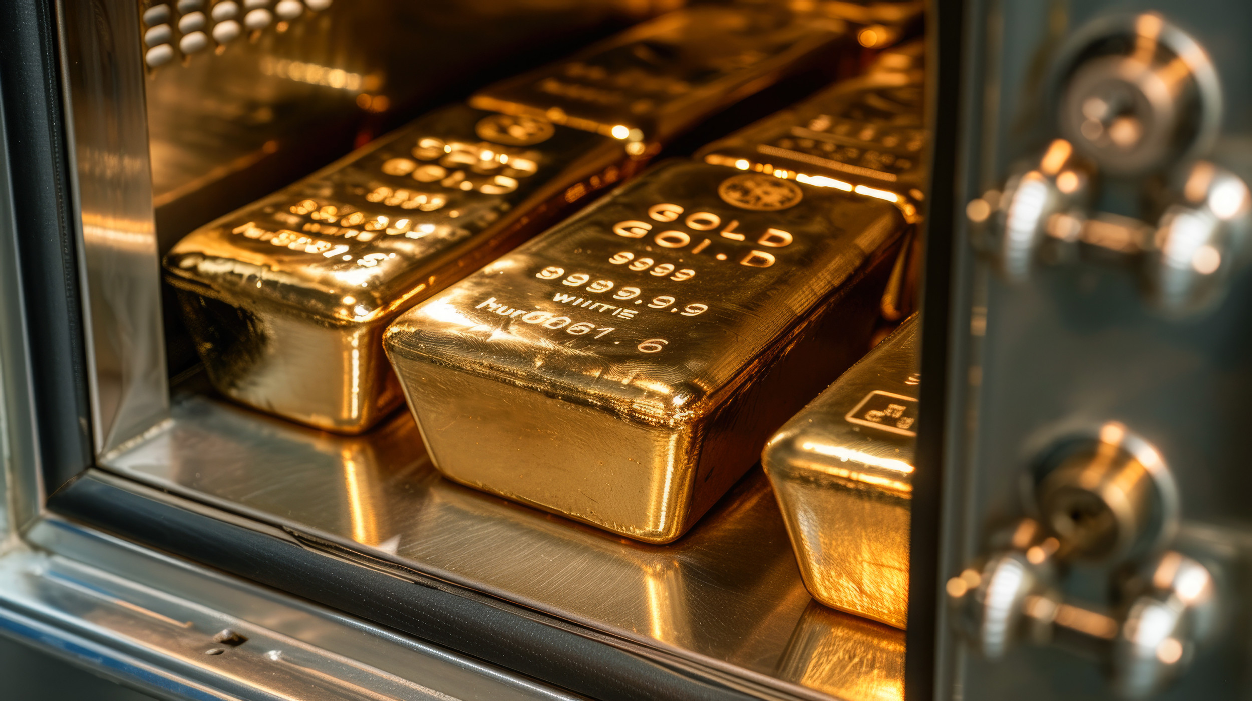 3 Goldbarren die in einem Tresor liegen und die Tür weit offen ist.