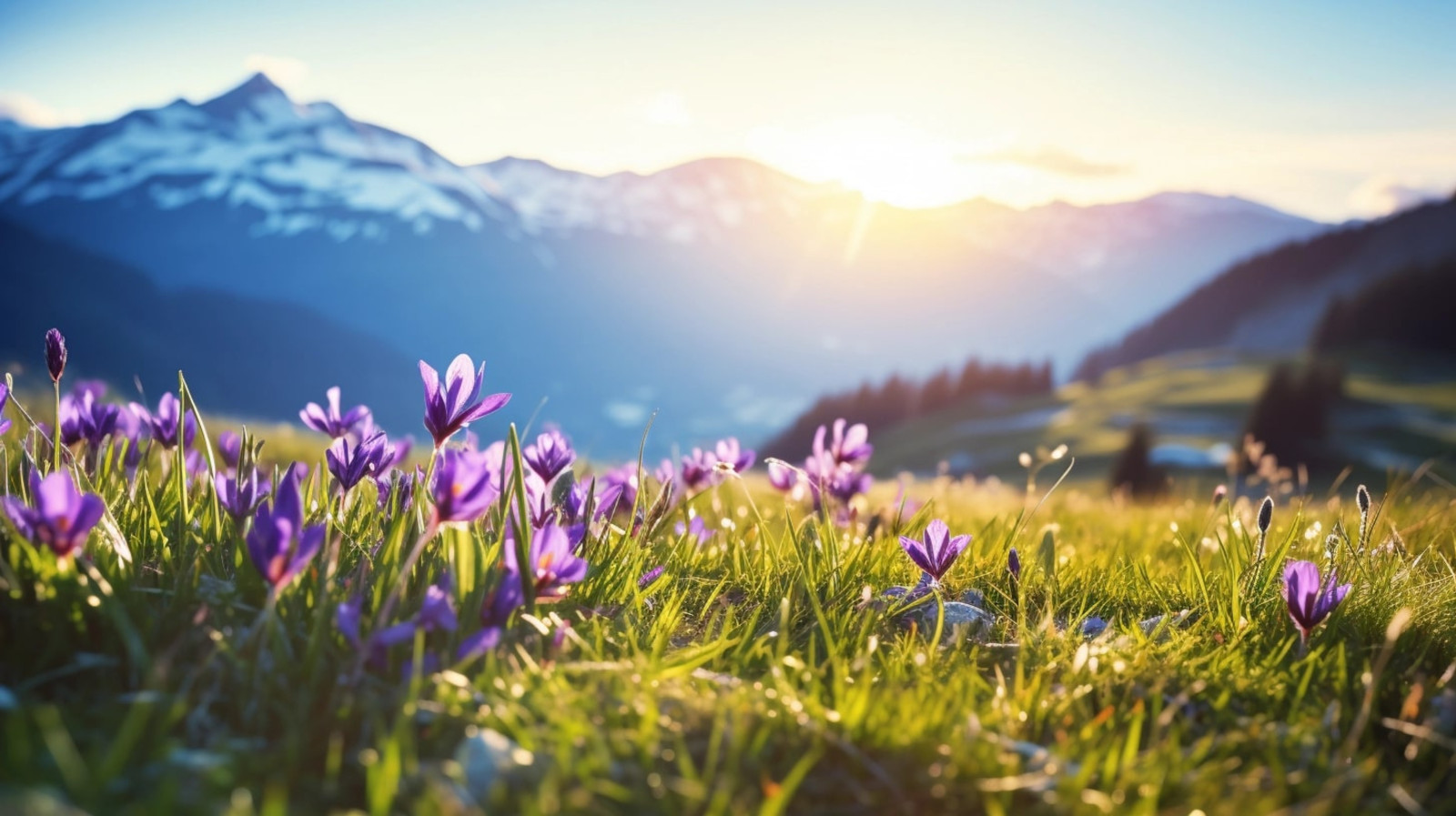 Im Vordergrund eine Frühlingswiese mit Blumen. Im Hintergrund Berge die leicht mit Schnee bedeckt sind.